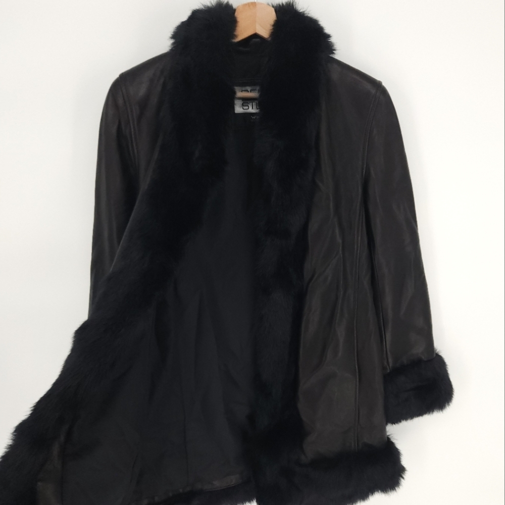 Wilson's Leather Penny Lane Pelle Studio Black Faux Fur Trim Coat
